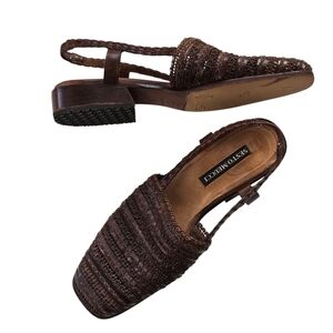 Sesto Meucci Brown Woven Leather Slingback Sandals Shoes Block Heel Italy 6.5M